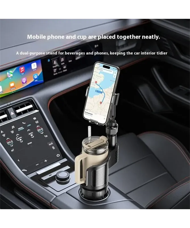 Support Voiture 2-en-1 Porte-Gobelet avec Fixation Téléphone Ajustable