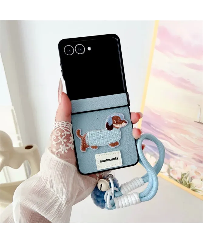 Coque bleu clair effet litchi avec chien pour Samsung Galaxy Z Flip 7