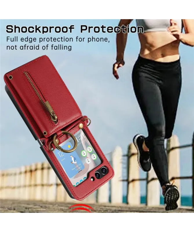 Coque Samsung Galaxy Z Flip 7 Portefeuille Zippé avec Support Anneau |