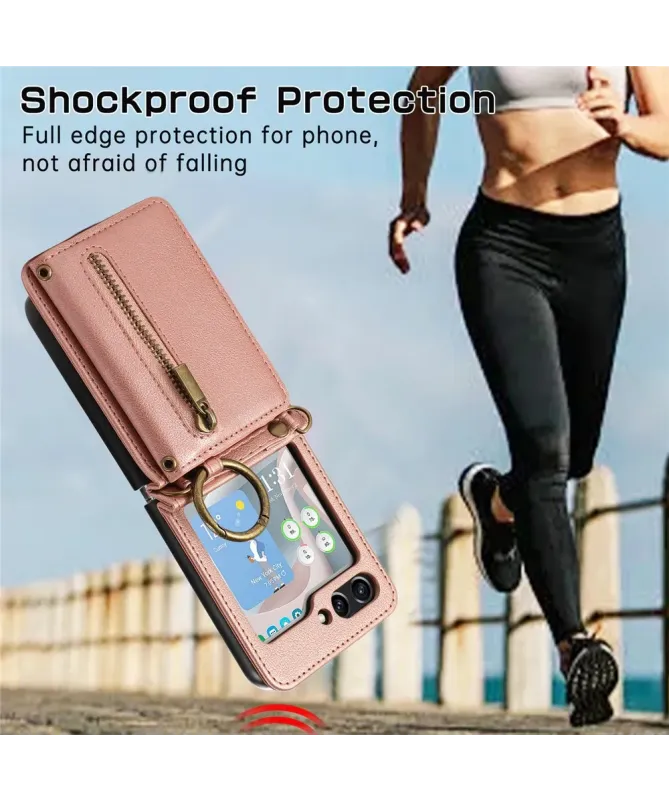 Coque Samsung Galaxy Z Flip 7 Portefeuille Zippé avec Support Anneau |