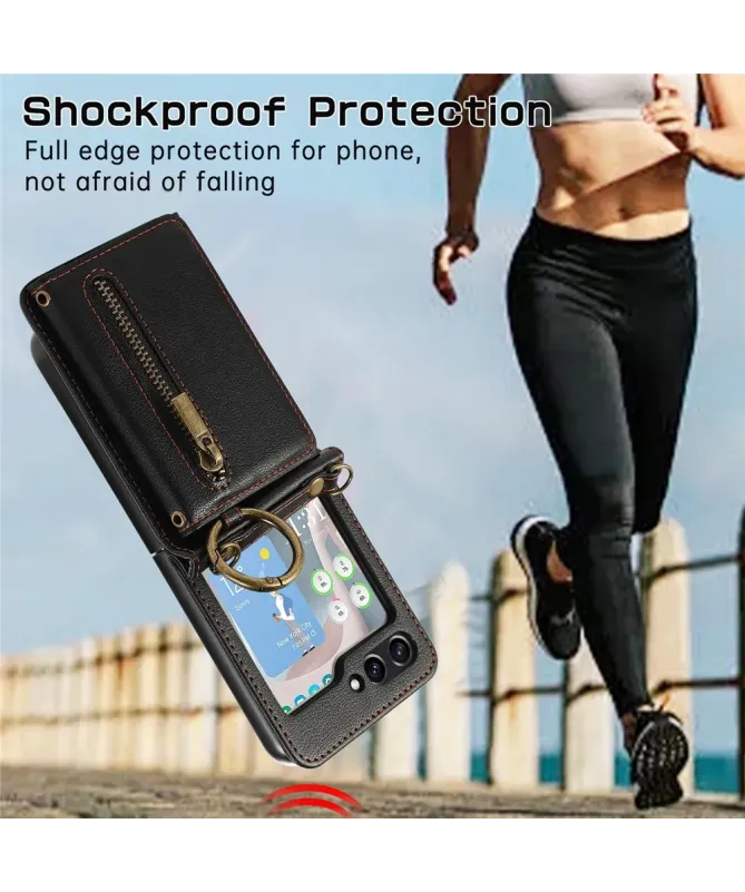 Coque Samsung Galaxy Z Flip 7 Portefeuille Zippé avec Support Anneau |