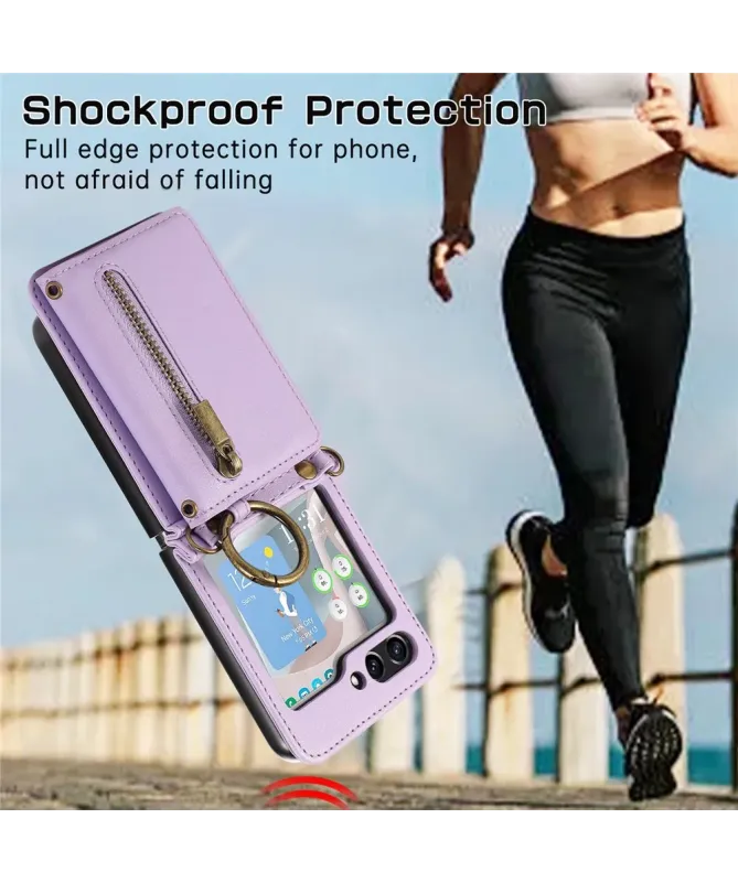 Coque Samsung Galaxy Z Flip 7 Portefeuille Zippé avec Support Anneau |