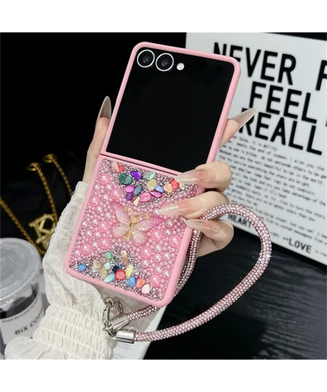 Coque Samsung Galaxy Z Flip 7 avec Strass Papillon et Dragonne | GLINT