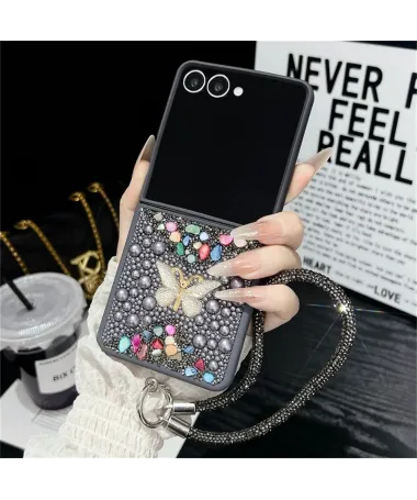 Coque Samsung Galaxy Z Flip 7 avec Strass Papillon et Dragonne | GLINT Gris Foncé - photo 8