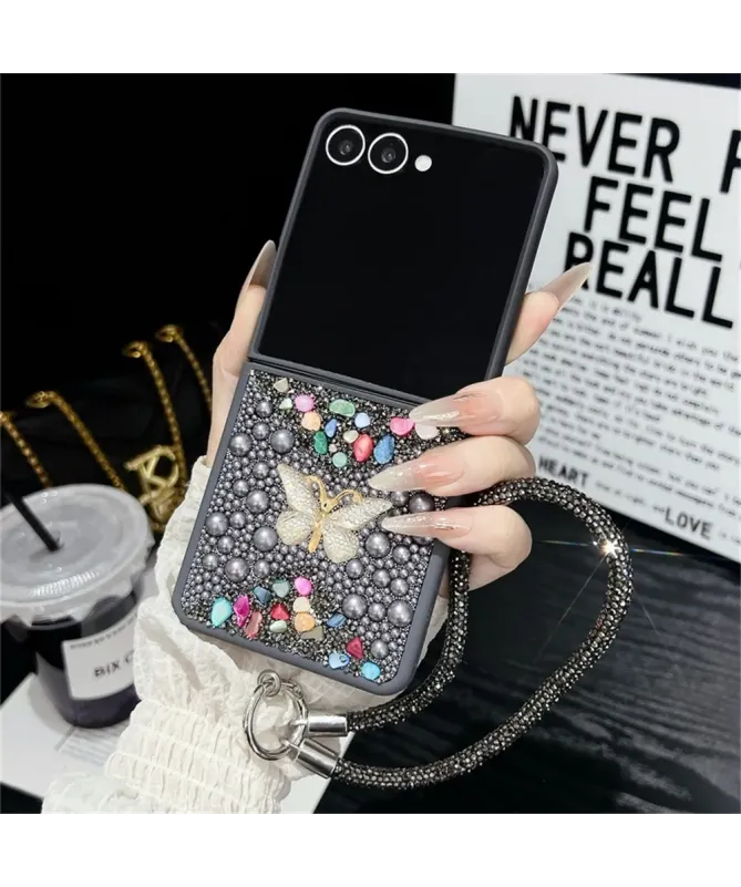 Coque Samsung Galaxy Z Flip 7 avec Strass Papillon et Dragonne | GLINT