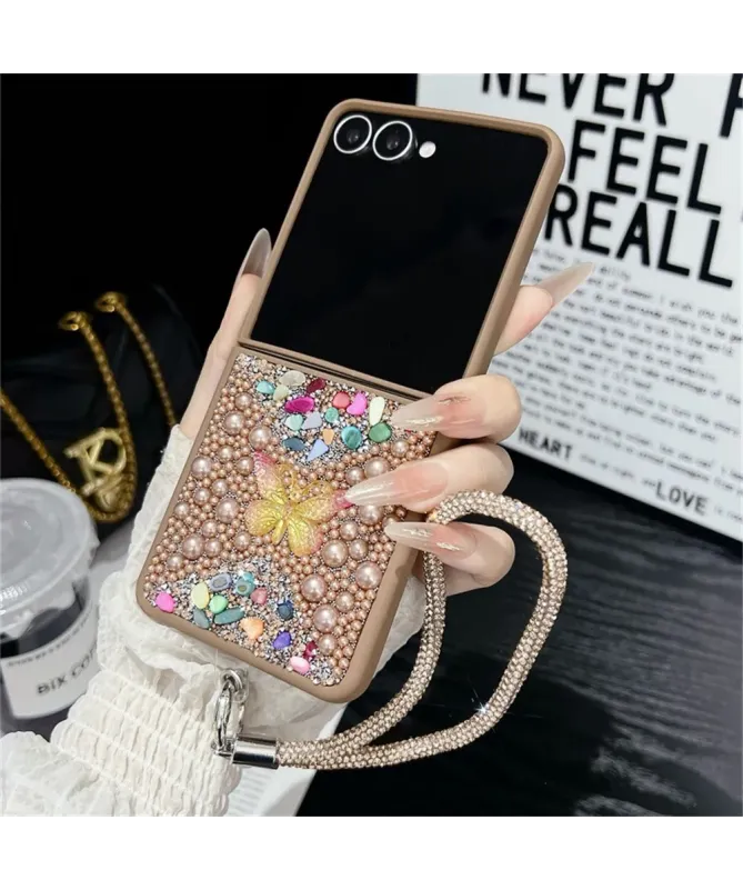 Coque Samsung Galaxy Z Flip 7 avec Strass Papillon et Dragonne | GLINT