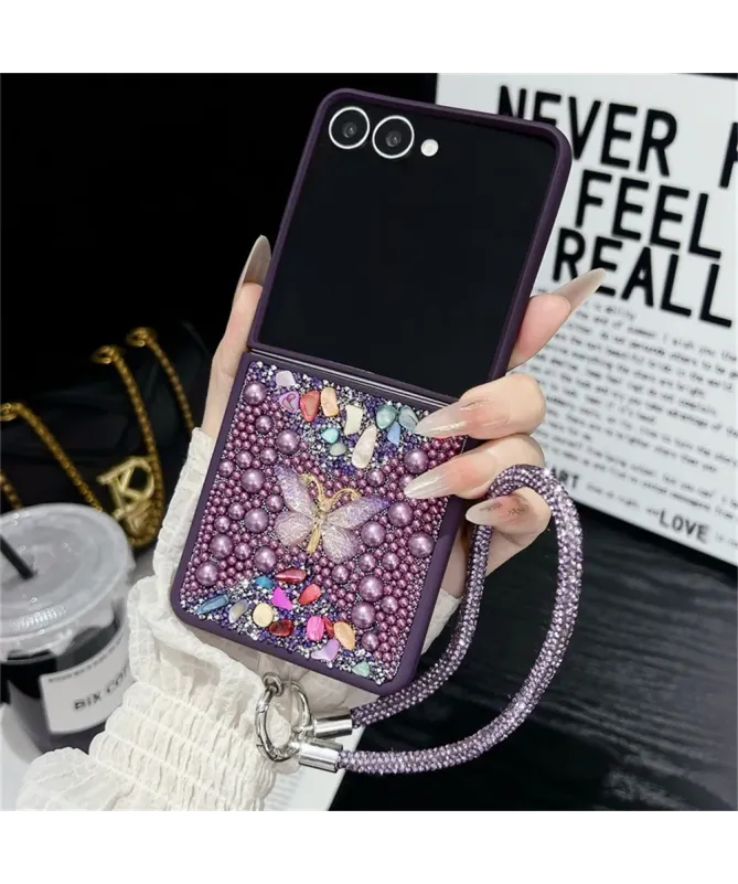 Coque Samsung Galaxy Z Flip 7 avec Strass Papillon et Dragonne | GLINT