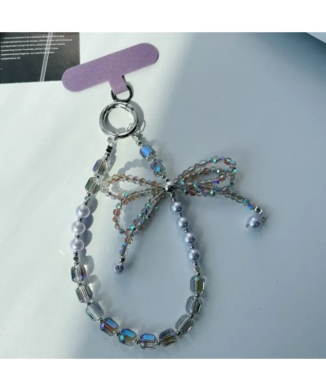 Charm de Téléphone Perles Irisées et Nœud Cristal | LUMINA