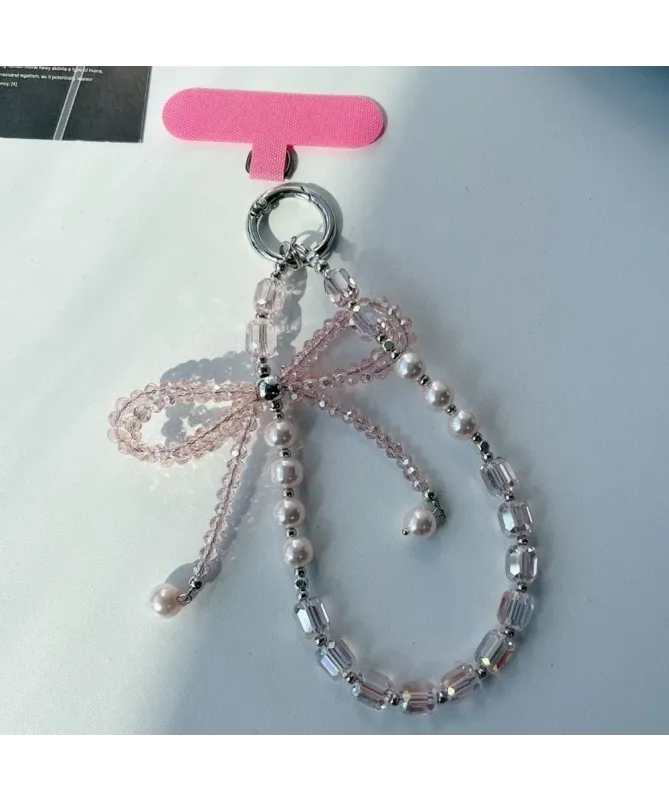 Charm de Téléphone Perles Roses et Nœud Cristal | ROSÉE