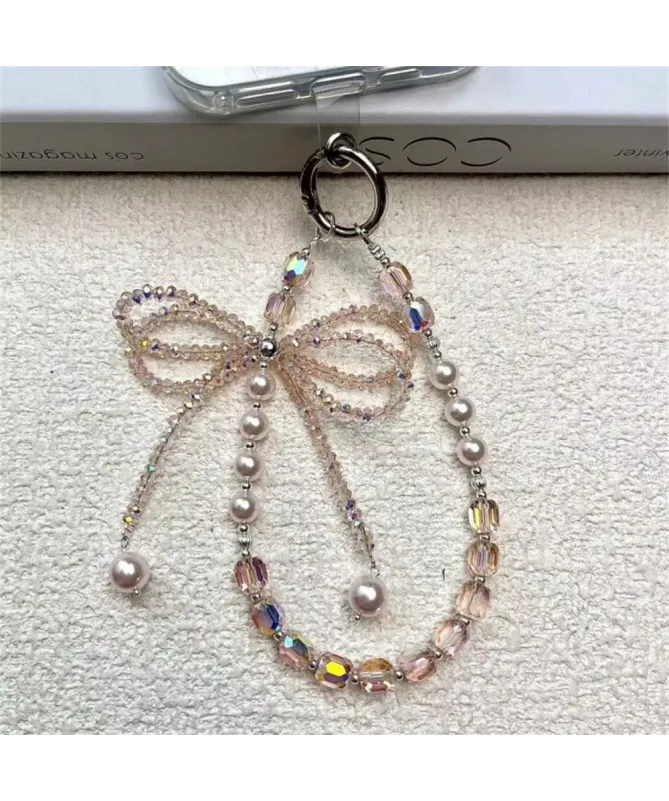 Charm de Téléphone Perles Roses et Nœud Cristal | ROSÉE