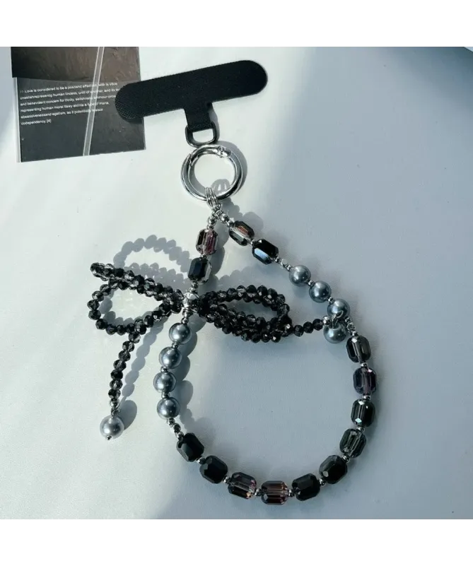 Charm de Téléphone Perles et Nœud Cristal | NOIR