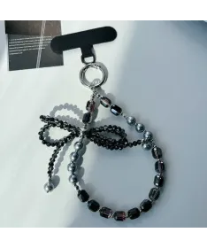 Charm de Téléphone Perles et Nœud Cristal | NOIR