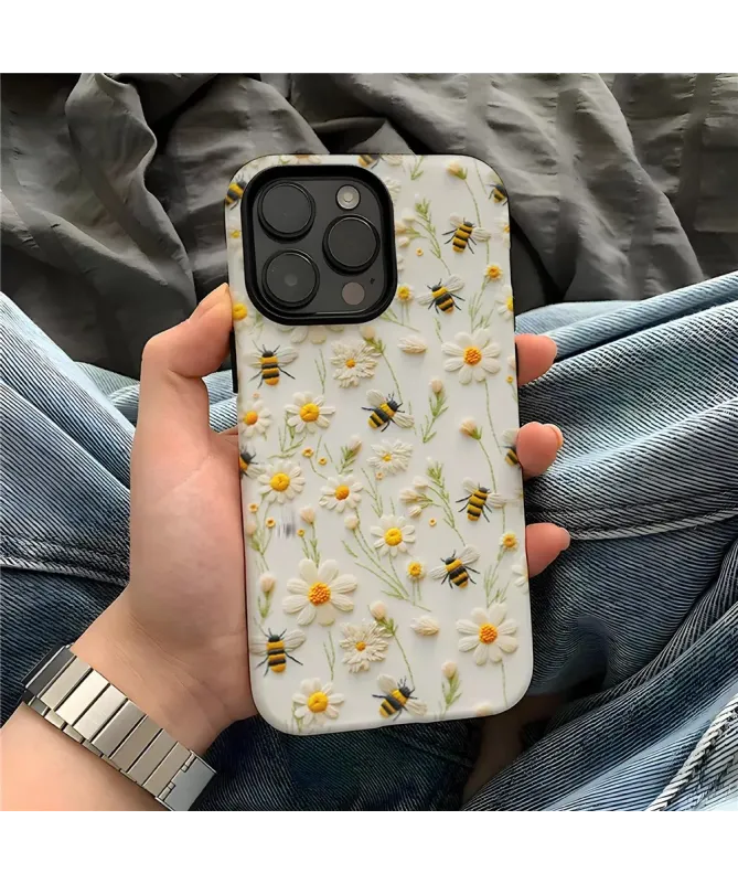 Coque iPhone 16 Pro Max Marguerites et Abeilles en Relief