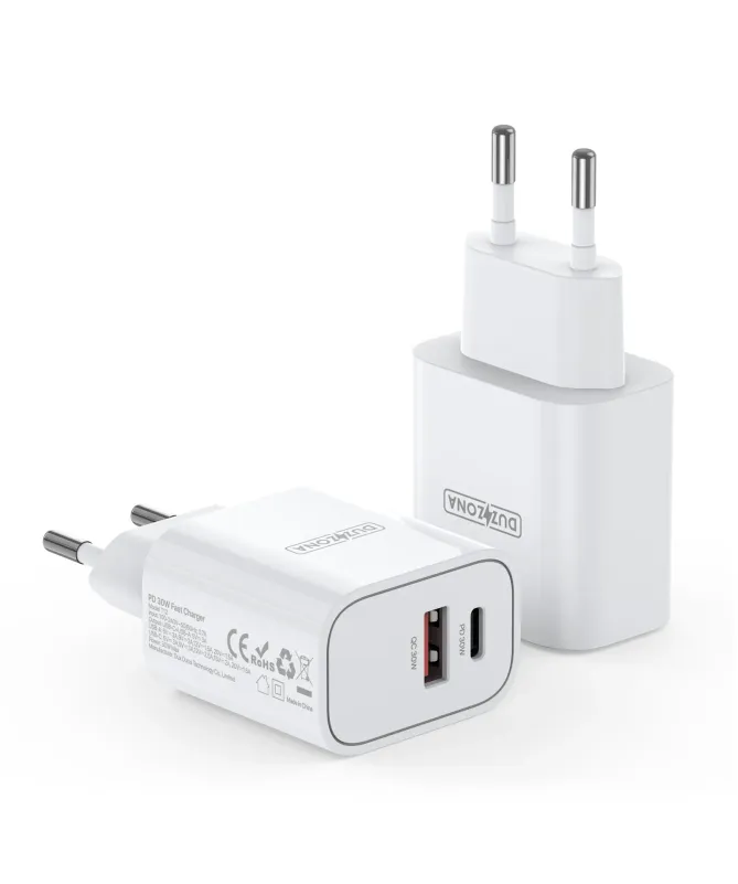 Chargeur Rapide Mural DUZZONA PD 30W Double Port USB-C et USB-A