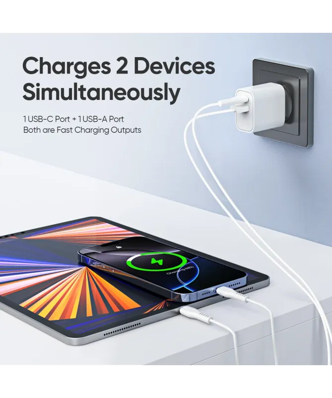 Chargeur Rapide Mural DUZZONA PD 30W Double Port USB-C et USB-A