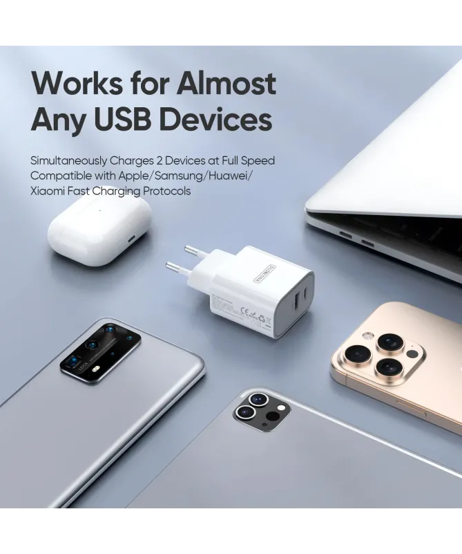 Chargeur Rapide Mural DUZZONA PD 30W Double Port USB-C et USB-A