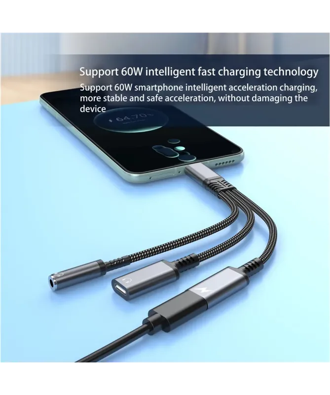 Adaptateur USB-C vers Jack 3.5mm et Charge Rapide PD 60W