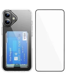 Pack iPhone 16 Coque Transparente avec Porte-Carte et Verre Trempé