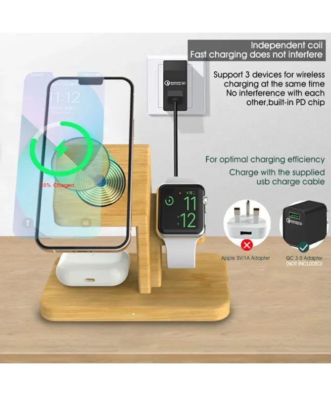 Station de Charge 3-en-1 en Bambou Magnétique