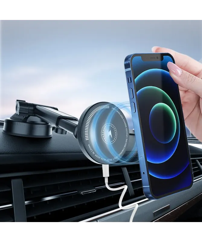 Support Voiture Magnétique et Chargeur Sans Fil 15W
