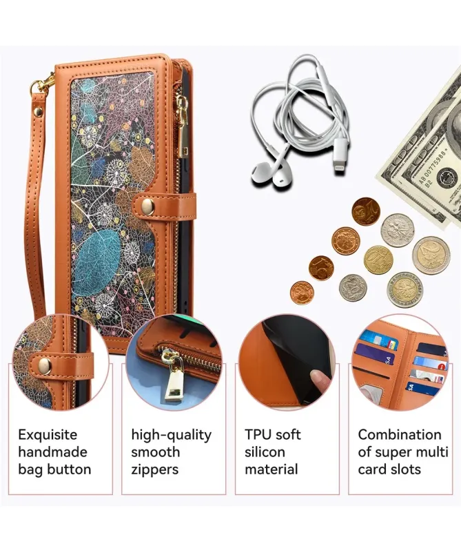 Housse Samsung Galaxy A17 5G feuilles colorées et zip