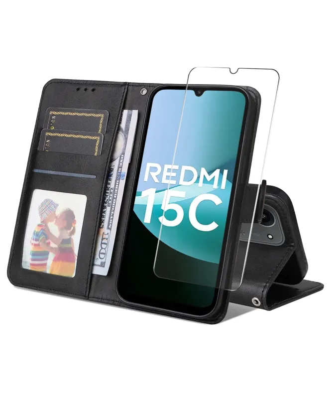 Housse Xiaomi Redmi 15C 4G Portefeuille avec Verre Trempé