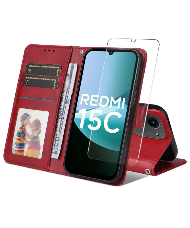 Housse Xiaomi Redmi 15C 4G Portefeuille avec Verre Trempé