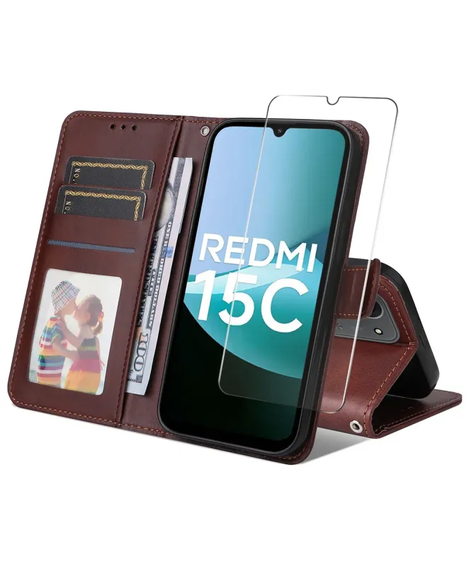 Housse Xiaomi Redmi 15C 4G Portefeuille avec Verre Trempé