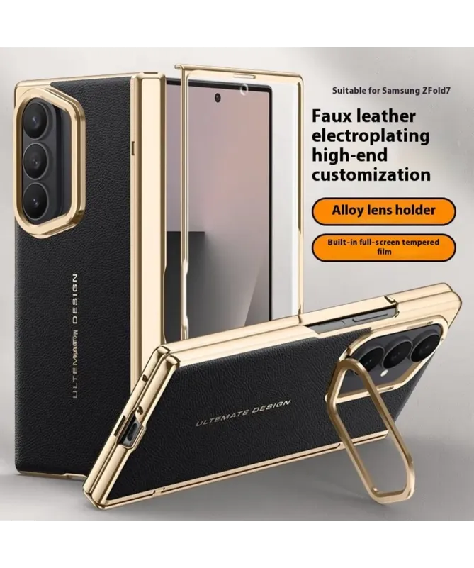 Coque Samsung Galaxy Z Fold 7 Luxe Cuir et Or avec Béquille
