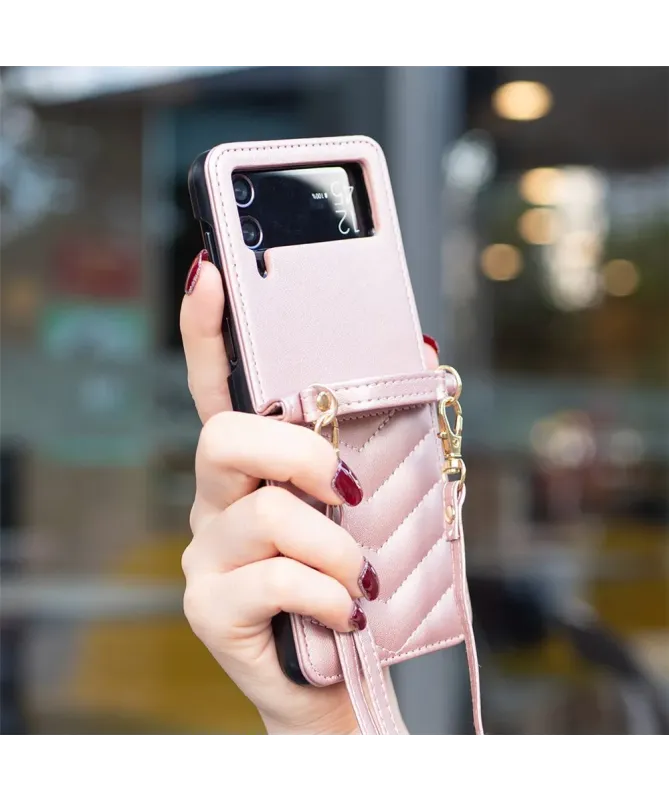 Coque Samsung Galaxy Z Flip 4 Chevrons Matelassés et Lanière