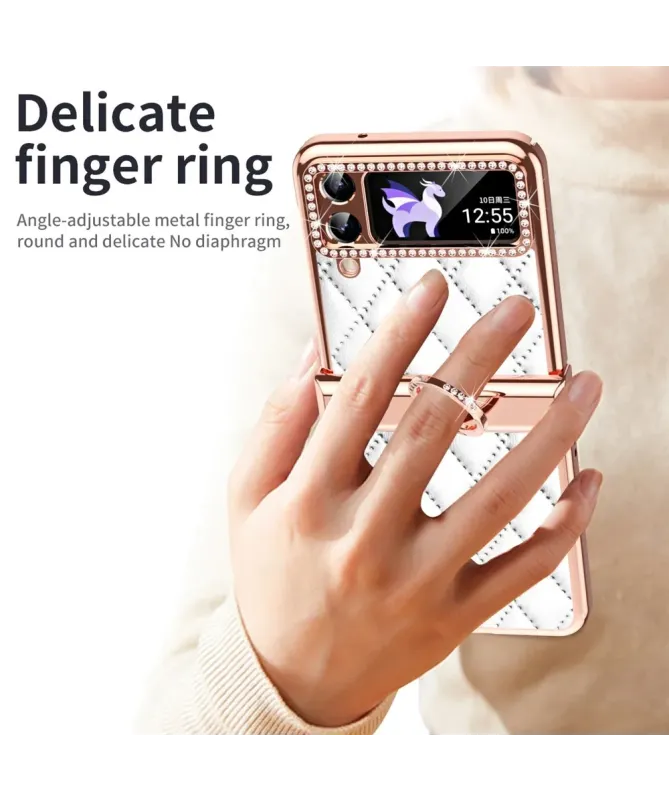 Coque Samsung Galaxy Z Flip 4 Luxe Matelassée Strass et Anneau