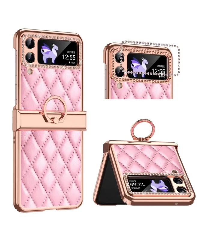 Coque Samsung Galaxy Z Flip 4 Luxe Matelassée Strass et Anneau