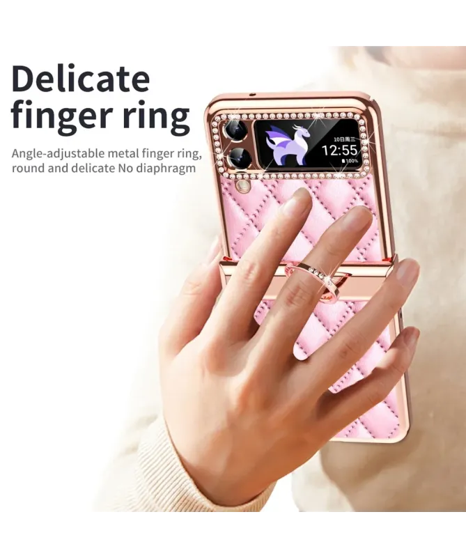 Coque Samsung Galaxy Z Flip 4 Luxe Matelassée Strass et Anneau