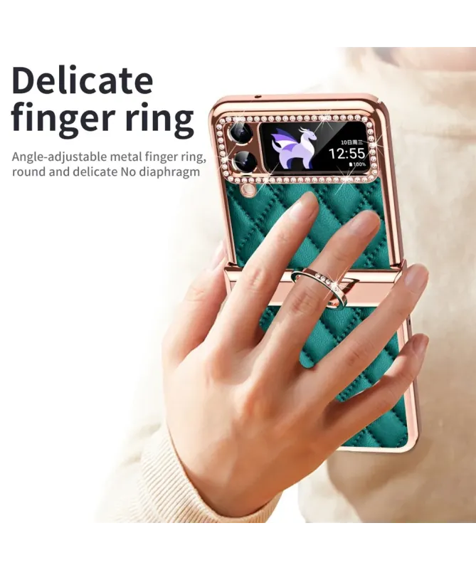 Coque Samsung Galaxy Z Flip 4 Luxe Matelassée Strass et Anneau