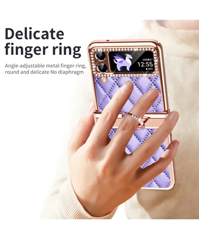 Coque Samsung Galaxy Z Flip 4 Luxe Matelassée Strass et Anneau