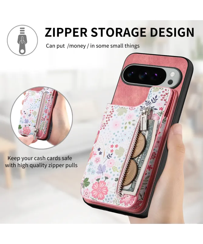 Coque Google Pixel 10 Pro XL zippée fleurs RFID et fonction support