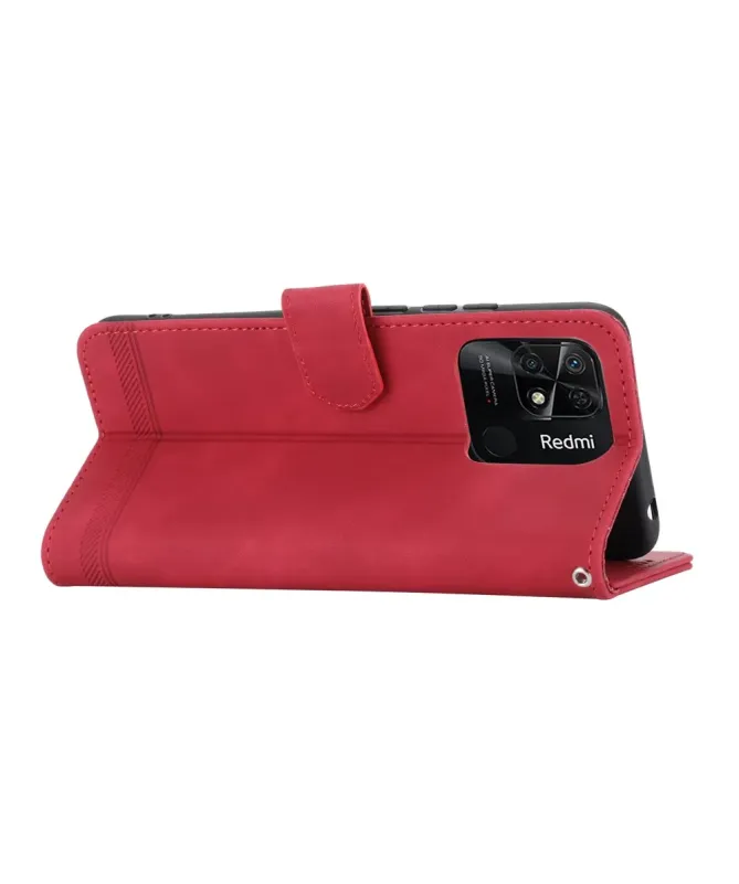 Housse Xiaomi Redmi 10C portefeuille texture lignes dragonne