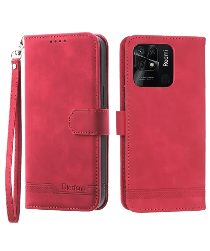 Housse Xiaomi Redmi 10C portefeuille texture lignes dragonne