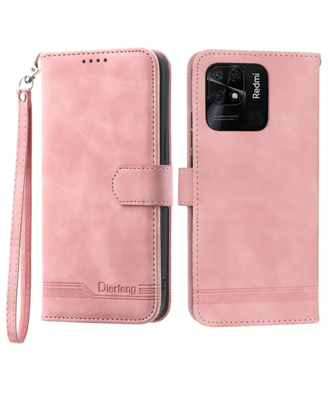Housse Xiaomi Redmi 10C portefeuille texture lignes dragonne