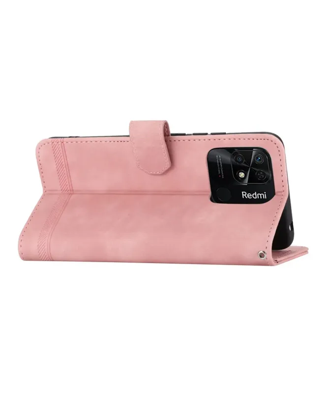 Housse Xiaomi Redmi 10C portefeuille texture lignes dragonne