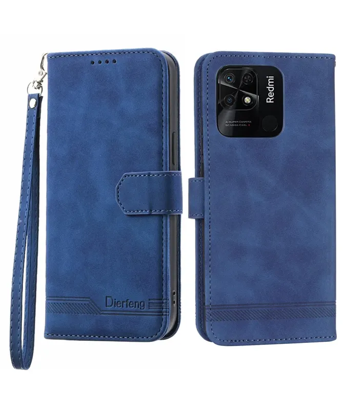 Housse Xiaomi Redmi 10C portefeuille texture lignes dragonne