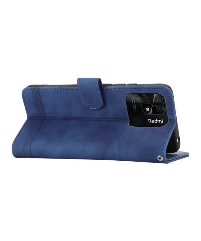 Housse Xiaomi Redmi 10C portefeuille texture lignes dragonne