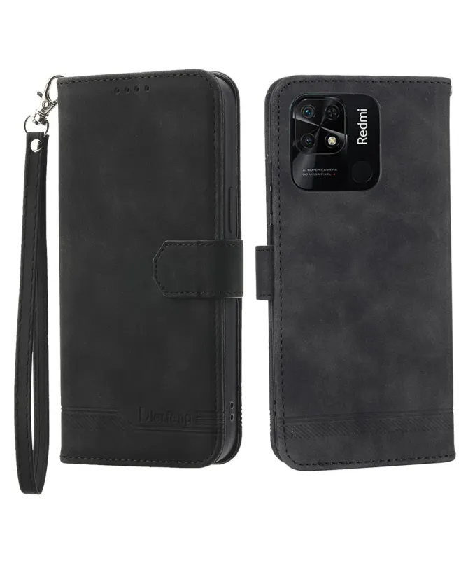 Housse Xiaomi Redmi 10C portefeuille texture lignes dragonne