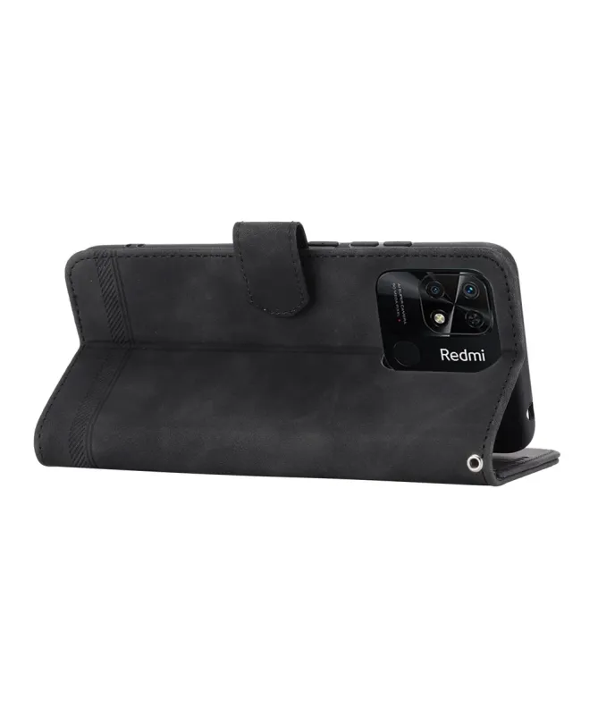 Housse Xiaomi Redmi 10C portefeuille texture lignes dragonne