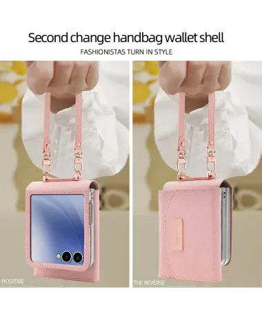 Housse Sacoche Samsung Galaxy Z Flip 7 Portefeuille Lanière Or Rose - photo 15