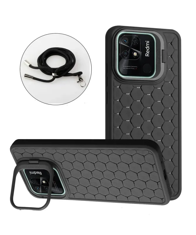 Coque Xiaomi Redmi 10C nid d'abeille avec cordon et support