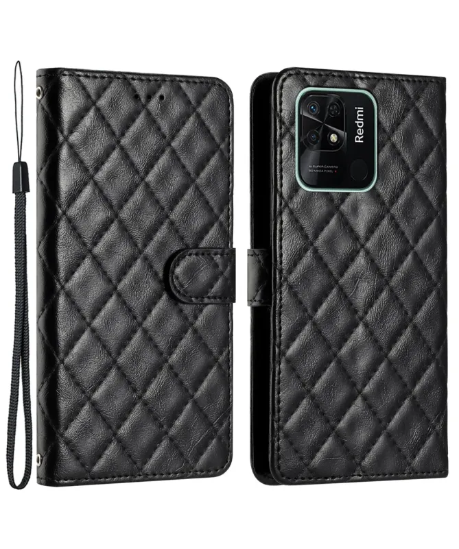 Housse Xiaomi Redmi 10C matelassée portefeuille avec lanière