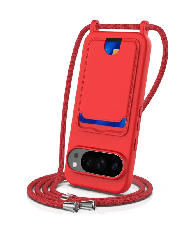 Coque Google Pixel 10 Pro XL Silicone Liquide à Cordon et Porte-carte