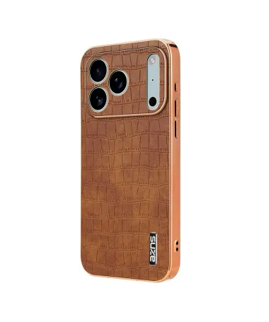 Coque iPhone 17 Pro Max Texture Crocodile et Contour Métallisé Marron Clair - photo 2