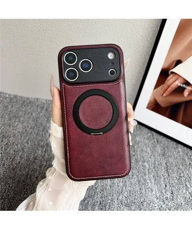 Coque iPhone 17 Pro Max Effet Cuir Surpiqué avec Anneau Vin Rouge - photo 2
